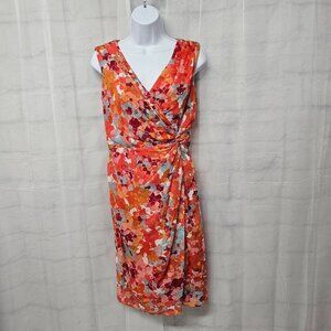 Andre Oliver Orange Pink Abstract Floral Faux Wrap Retro Sleeveless Dress 4